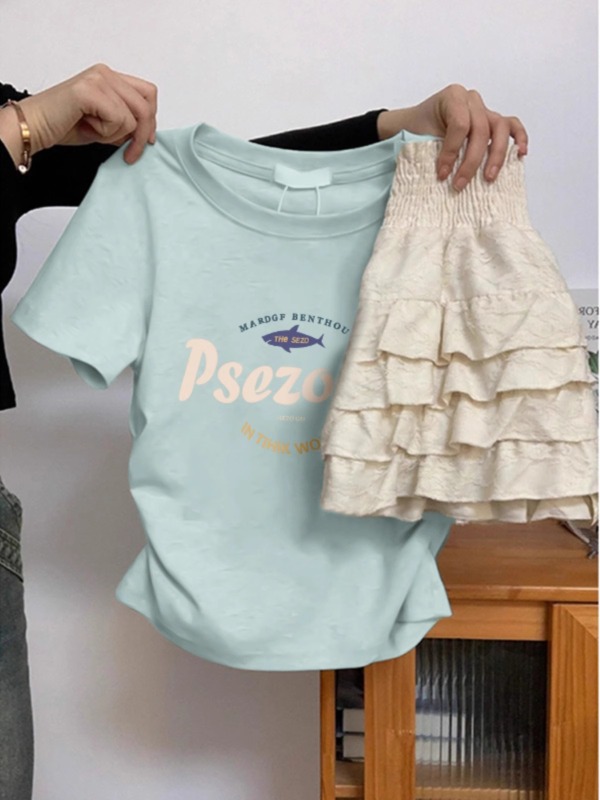 High-quality pure cotton 210g 40 Odale 92 cotton 8 spandex slim shoulder-brushed pleated short-sleeved T-shirt for women