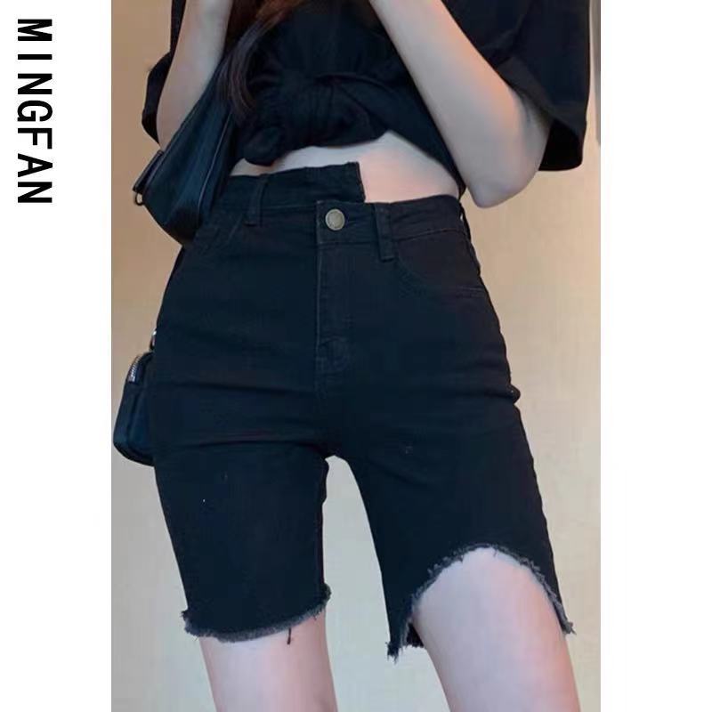 Black high-waisted denim five-point pants for women's summer internet celebrity irregular tight fit and slim shorts for foreign trade