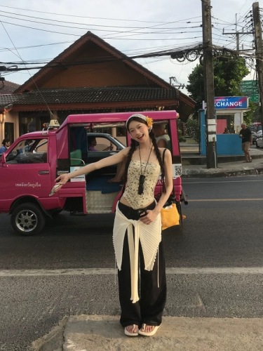 French retro hot girl printed sleeveless vest for women in summer design short slim pure strapless top