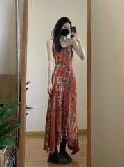 Niche design sense irregular plaid suspender dress retro waist-hugging long skirt