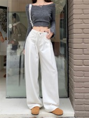 Hong Kong style casual high waist straight jeans for women in autumn ins versatile slim wide-leg pants draped floor pants