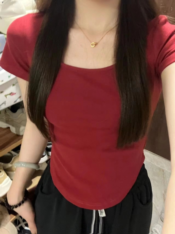 Official real price red front shoulder short sleeve design with niche irregular pure style slim short top