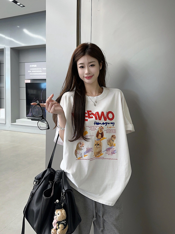 Printed cotton short-sleeved T-shirt women's printed half-sleeved top