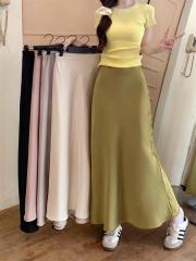 New Chinese solid color satin skirt summer high-end elastic waist fish tail hip skirt