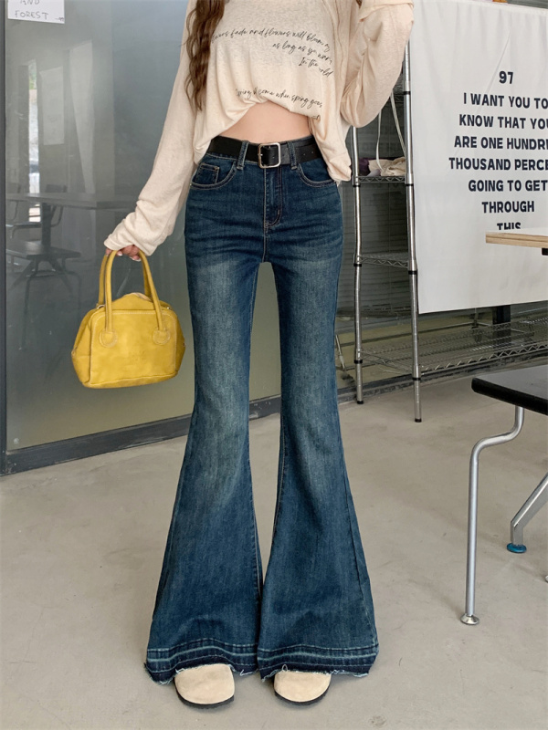 Retro high-waisted whisker jeans for women in autumn new style small elastic slim and flared pants