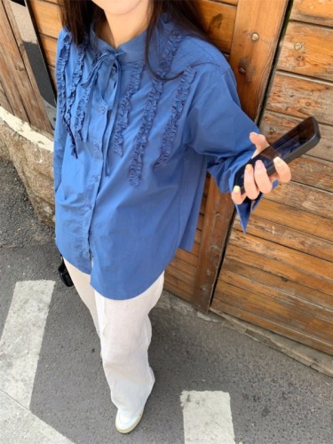 Irregular splicing lace details drawstring neck shirt top