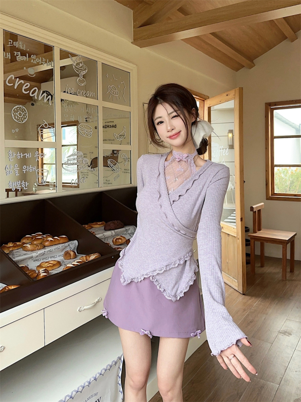 New spring pure desire style mesh splicing slim top + bow skirt
