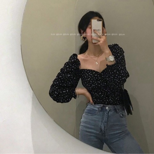 Chic square collar short top for women's spring and autumn design new French retro long-sleeved floral shirt