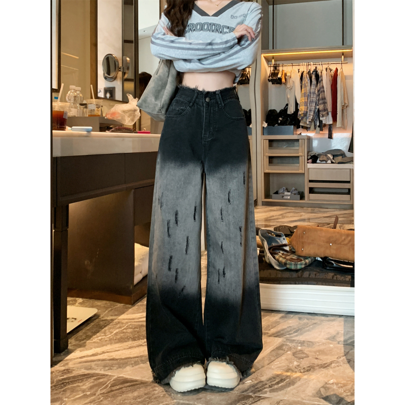 New large size gradient color high-end ripped design jeans loose straight bristled draped wide-leg pants