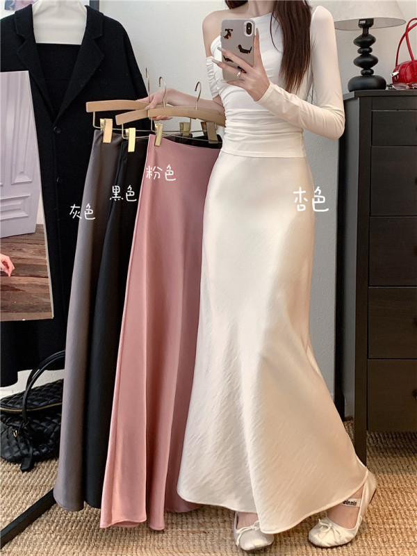 Large size real-life spring new satin silky skirt for women with high waist stylish fishtail A-line long skirt