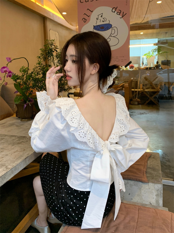 Early spring French ruffle long sleeves backless U-neck lace-up top for women