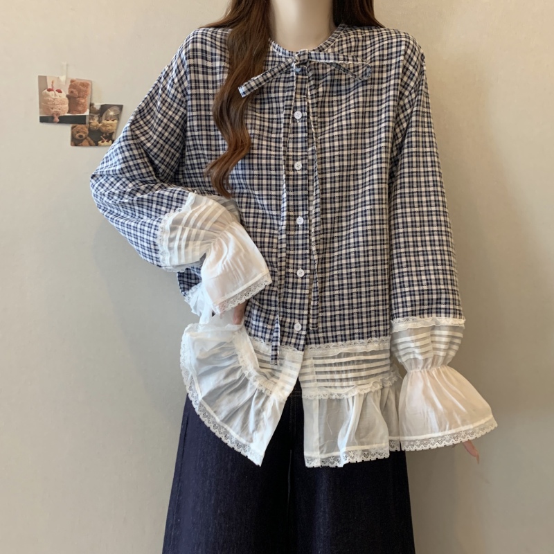 Real shot, large-size women's spring new niche design, lace spliced ​​shirt, loose and small shirt