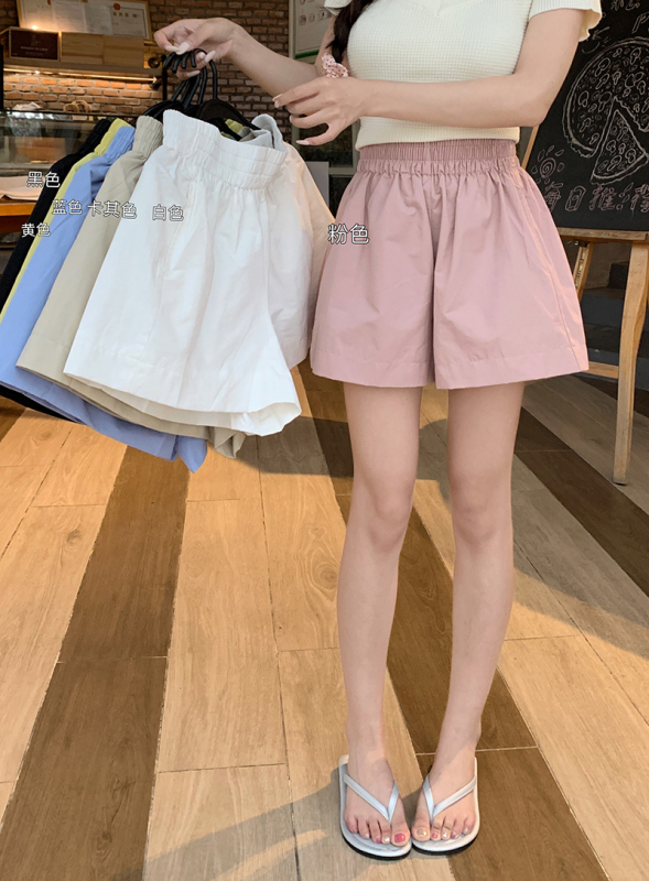 Elastic waist solid color casual pants straight-leg pants for women in summer loose slim mid-length pants wide-leg pants shorts pants