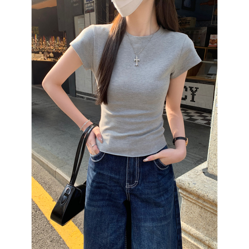 Spring and summer Korean version round neck straight shoulder versatile solid color simple 260g pure cotton short-sleeved T-shirt top