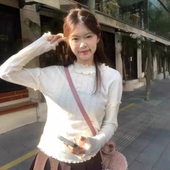 New Korean wood earrings round neck versatile solid color base shirt in autumn and winter slim fit and comfortable long-sleeved top