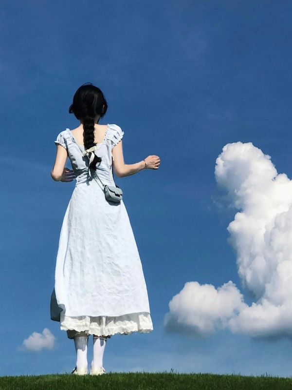 Blue fake two-piece lace skirt hem dress dopamine A-line long skirt short sleeves for women