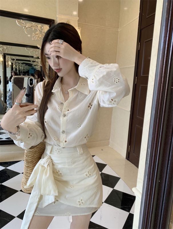 Real-life shots and priced holiday time single-breasted lapel hollow design versatile shirt + skirt suit
