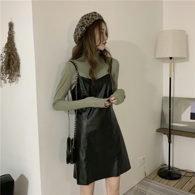 Versatile high-neck layered long-sleeved pile-collar base shirt + versatile suspender skirt leather skirt for little women