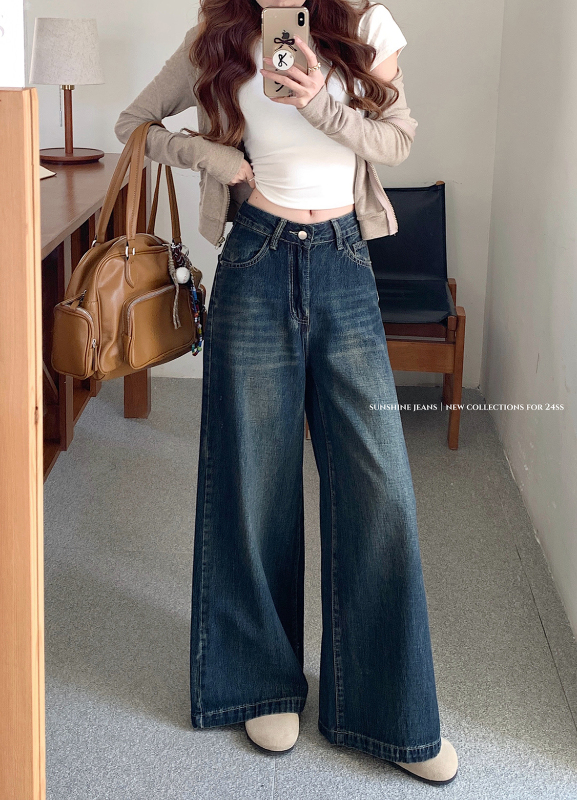 New spring retro dark blue wide-leg floor jeans for women