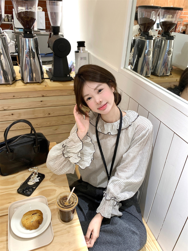 Korean striped lotus leaf collar flared sleeves gentle shirt top