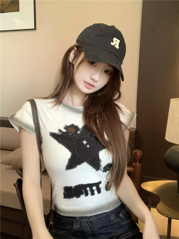 Heavy Industry E Tian Xiwei same retro washing water made of star-eyed short-sleeved T-shirt