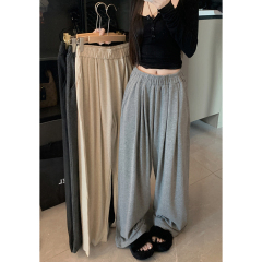Lazy style wide-leg pants in autumn and winter, elastic waist casual loose straight floor pants for women