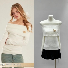ELEVEN SLEEP spring butterfly button one-shoulder sweater for women slim and sexy hot girl style long-sleeved base shirt