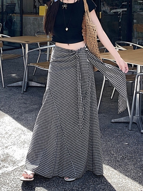 High-waisted plaid lace-up skirt new summer midi skirt