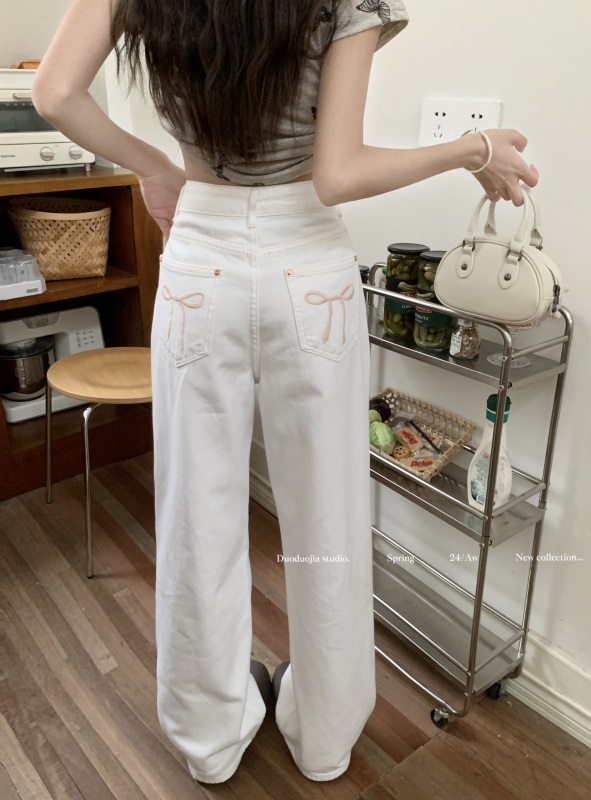 Design-sensory bow embroidered white jeans for women with high waist slimming wide-leg pants floor-slimming trousers