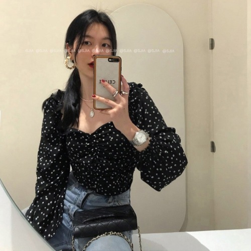 Chic square collar short top for women's spring and autumn design new French retro long-sleeved floral shirt