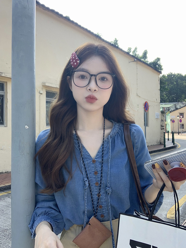 New French retro tie-length-sleeved denim shirt for autumn