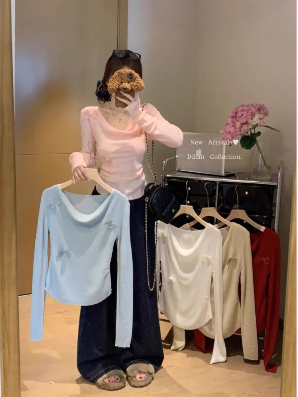 Korean version of pure swaying neck sweater for women in spring new gentle style imitation wool temperament butterfly decoration top
