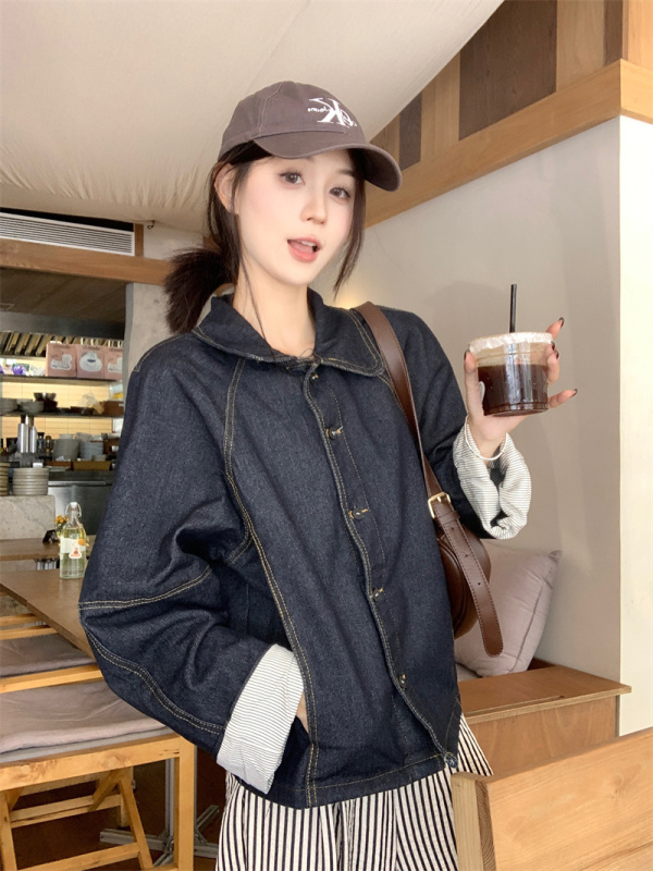 Niche design-sensory cuff spliced ​​striped lapel denim jacket autumn fashion versatile top