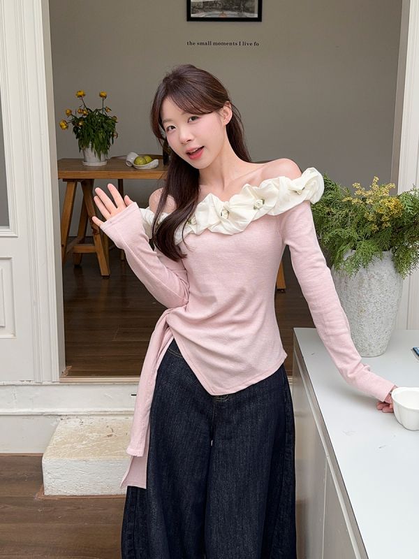 Pure and lustful spring new tops sweet three-dimensional flowers with one-length neck slim irregular T-shirt