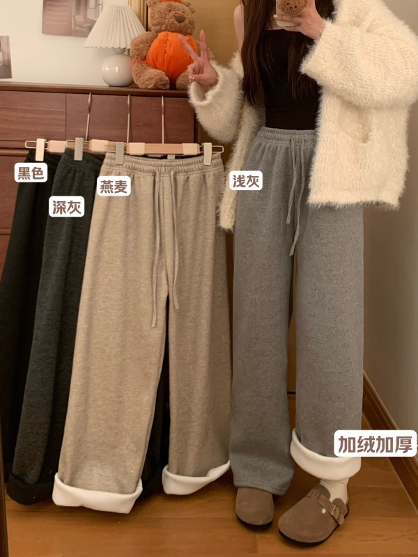 velvet thickened glutinous rice straight wide-leg pants in autumn and winter, small versatile slim casual trousers