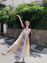 Korean holiday style loose floral splicing suspender dress for women