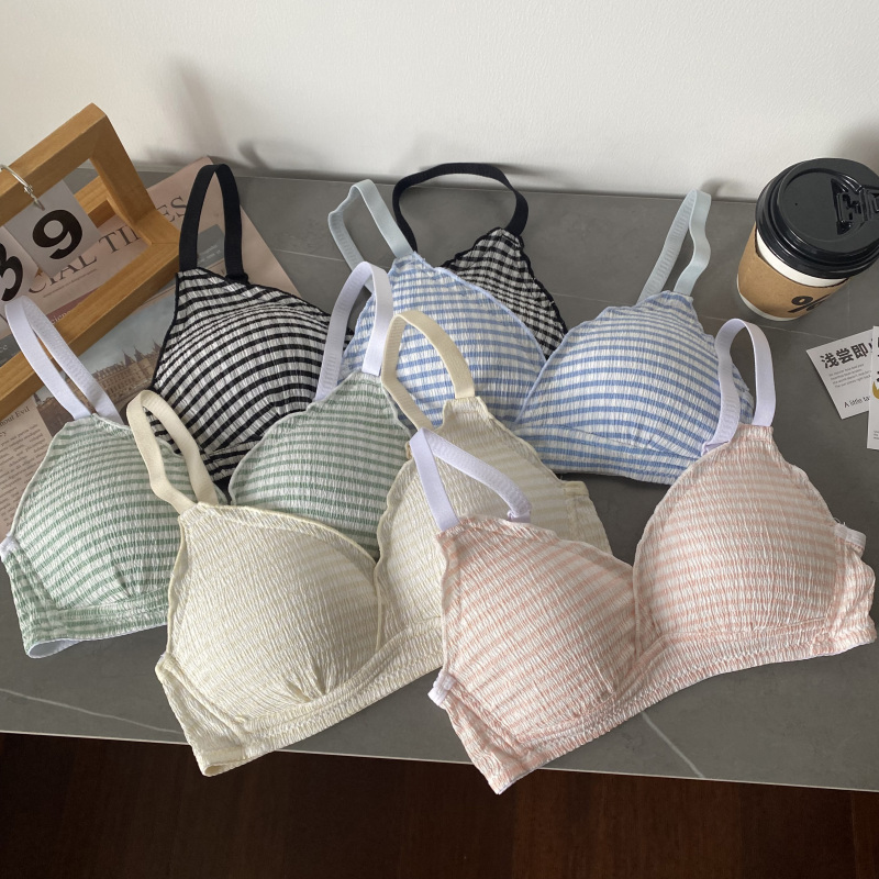 Sweet striped small chest bra without steel rings gathering bra with side breasts prevent sagging underwear for women