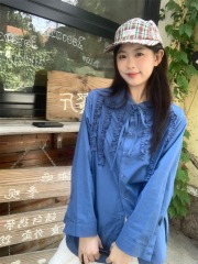 Irregular splicing lace details drawstring neck shirt top