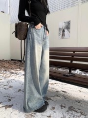 Light color wide-leg jeans for women in spring retro washing loose high waist straight pants versatile slim floor trousers