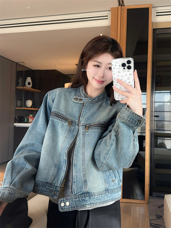 New motorcycle handsome casual and versatile college style loose denim jacket for women
