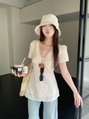 V-neck hollow embroidered lace cotton shirt for women mid-length waist-length sleeveless layered top