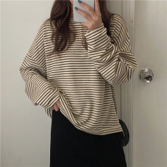 All-match loose base thickened striped round neck long-sleeved T-shirt