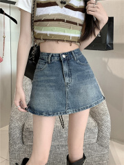 High-waisted retro slimming and covering hips A-line denim anti-exposure skirt pants