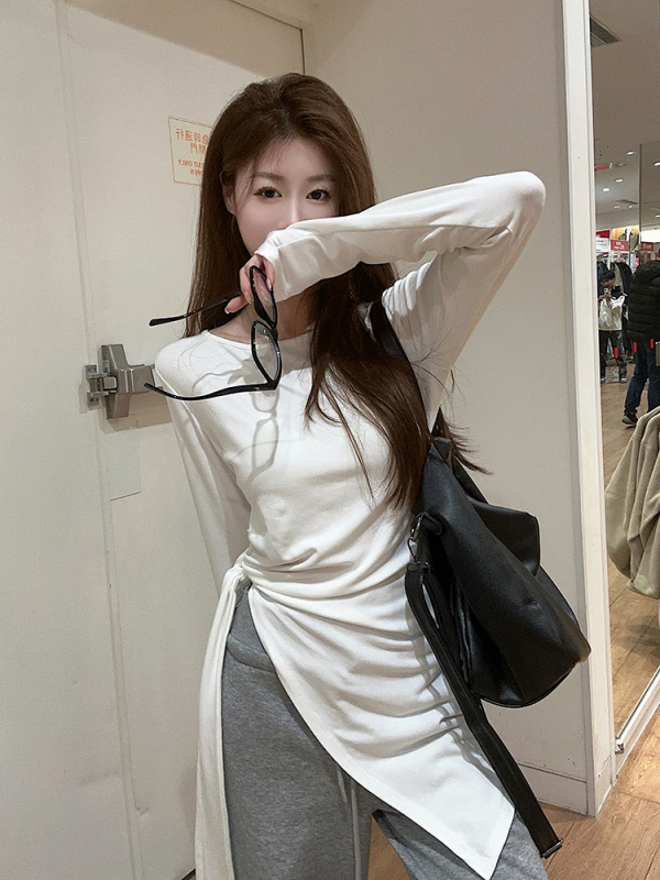 Design-sensual mid-length long-sleeved T-shirt for women's spring straps slim top