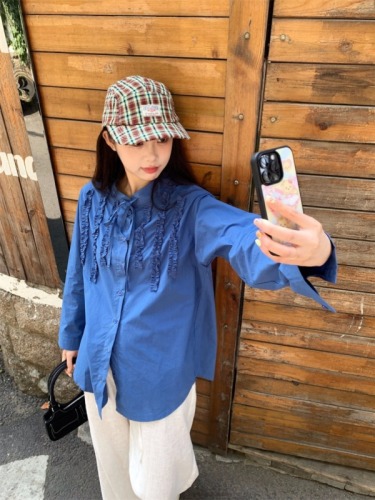 Irregular splicing lace details drawstring neck shirt top