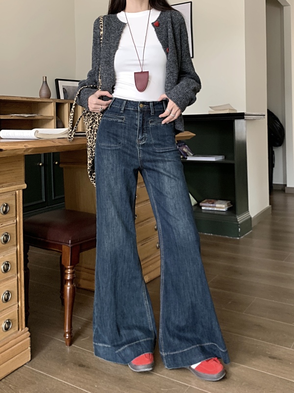Retro high waist loose wide-leg jeans for women in autumn new style slimming and draped straight-leg floor-moving trousers