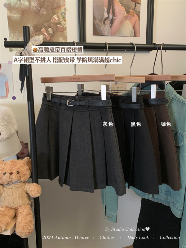 New American retro hot girl wool pleated skirt for women with high waist A-line versatile short skirt