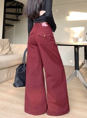 Anchora red design feel loose wide-leg floor jeans for women