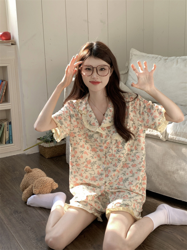 Floral ruffled cut sleeve pajamas shorts suit sweet girl casual home clothes two-piece set