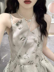 New Chinese style suspender dress for women in summer print waist-hugging gentle high-end long skirt